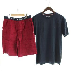 セットアップ パジャマ Tシャツ パンツ スリッパ M 紺 ネイビー 赤 レッド 半袖 無地 /AP