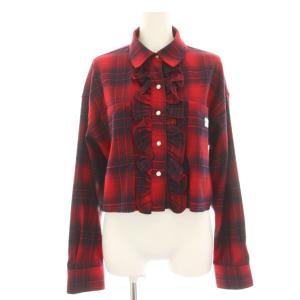 24AW ロゴ刺繍クロップドシャツ ブラウス フリル カットオフ 長袖 チェック柄 ショート丈 F 赤
