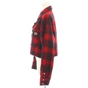 furfur 24AW ロゴ刺繍クロップドシャツ ブラウス フリル カットオフ 長袖 チェック柄 ショート丈 F 赤