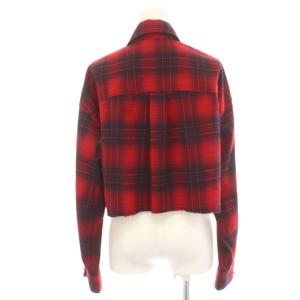 furfur 24AW ロゴ刺繍クロップドシャツ ブラウス フリル カットオフ 長袖 チェック柄 ショート丈 F 赤