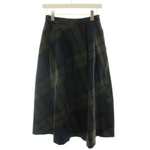 19AW スカート ロング フレア チェック柄 イージー ウエストゴム 38 緑 グリーン 紺 ネイビー