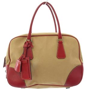 ハンドバッグ キャンバス ベージュ レッド