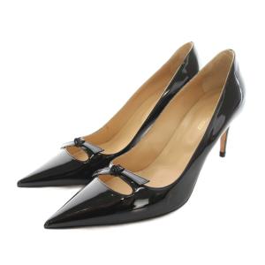 パンプス ピンヒール ポインテッドトゥ エナメル リボン 38.5 黒 /YM