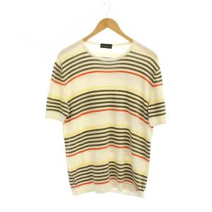 Tシャツ アイボリー 茶 ボーダー柄 ラウンドネック 半袖 /JP
