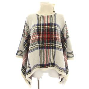 ポンチョ ニット ウール混 カシミヤ混 チェック XS 白 ホワイト 赤 レッド 黒 ブラック /HN