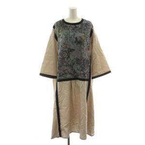 ワンピース M 黒 ブラック ベージュ 花柄 ラウンドネック 七分袖 /DU