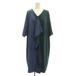 ワンピース M 緑 青 Vネック 半袖 切替デザイン ひざ丈 /JP
