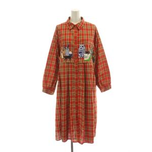 ワンピース M 赤 レッド チェック柄 ロング丈 ミモレ丈 長袖 /DU