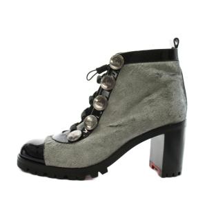 Christian Louboutin ショートブーツ チャンキーヒール レースアップ ハラコ エナメル 37.5 シルバー色 黒 ブラック /AN26