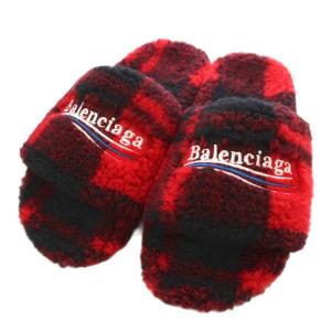 ファースライド スリッパ サンダル ボア チェック 39 レッド ブラック