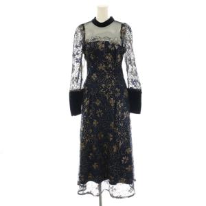 ビーズ刺繍ワンピース ロング シアー F 紺 ネイビー ゴールドカラー LWFO185811 /MI