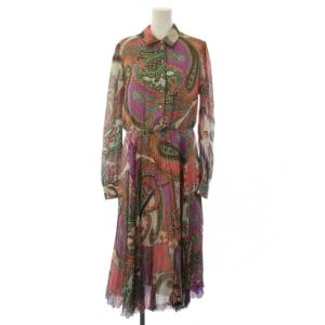 シャツ ワンピース ロング 長袖 総柄 シルク 40 マルチカラー /BM19