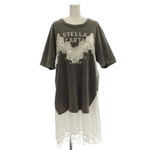 USED加工 Tシャツ ワンピース ロング 切り替えレース ピグメント 半袖 XXS グレー A1032024232