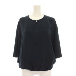 24SS FLOW PRIMIE ジップアップブルゾン ノーカラージャケット 七分袖 38 紺 ネイビー