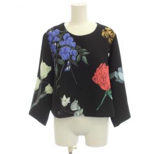 シャツ ブラウス 黒 花柄 ラウンドネック 長袖 /JP48