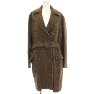 千鳥格子 ウール ダブルコート ロング 38 茶 ブラウン /G