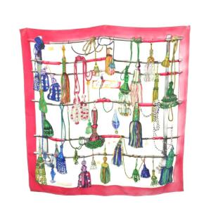 Pasementerie 紐飾り スカーフ カレ 90 総柄 シルク ピンク マルチカラー /YM OH