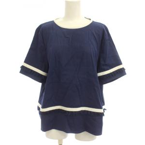 カットソー 麻 リネン 44 紺 ラウンドネック 半袖 フリンジ /JP