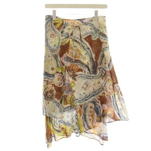 ヒップハング ラップスカート ひざ丈 総柄 シルク混 3 茶 グレー /G
