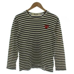 Tシャツ 長袖 ボーダー柄 ワッペン クルーネック S 白 黒 AZ-T164 /GG