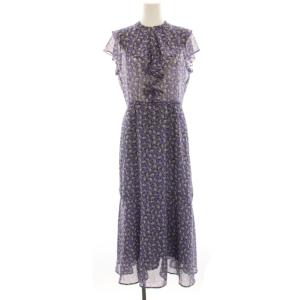 22AW 幾何フラワープリントラッフルカラーワンピース ロング マキシ 総柄 フレンチスリーブ 2 紫