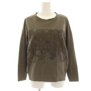 ミシン＆ハンド刺しゅうパッチワークプルオーバー カットソー Tシャツ 長袖 36 カーキ 1083-230