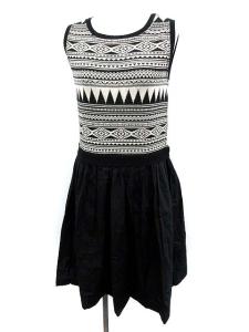 ワンピース ひざ丈 ノースリーブ ニット 切替 ジャガード コンビ M 黒 白