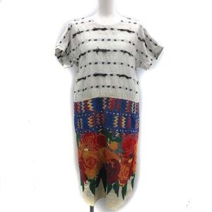 イッセイミヤケ ワンピース 半袖 総柄 切替 2 ホワイト