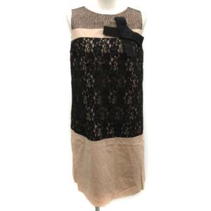 ワンピース レース リボン ひざ丈 ノースリーブ 38 ベージュ 黒