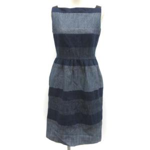 ワンピース ひざ丈 ボーダー ラメ ノースリーブ 36 紺 ネイビー