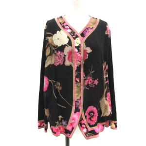 ノーカラージャケット カーディガン 長袖 花柄 フローラル 金ボタン 黒 ピンク