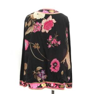 LEONARD ノーカラージャケット カーディガン 長袖 花柄 フローラル 金ボタン 黒 ピンク