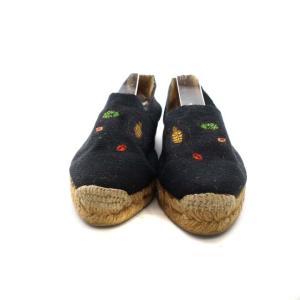 HERMES てんとう虫刺繍エスパドリーユ スリッポン シューズ 37 23.5cm ネイビー ベージュ