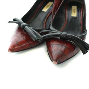 PRADA パンプス ポインテッドトゥ リボン クロコ型押し レザー 35 レッド