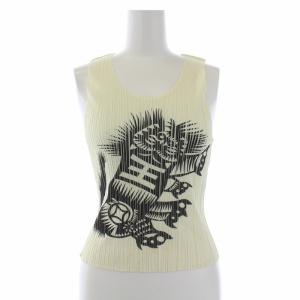 イッセイミヤケ タンクトップ カットソー ノースリーブ プリーツ 寅柄 タイガー 3 アイボリー