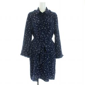 シャツワンピース シルク スター 総柄 長袖 ひざ丈 S 紺 ネイビー