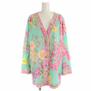 FASHION ロングカーディガン コットン 花柄 長袖 42 L 緑 グリーン ピンク