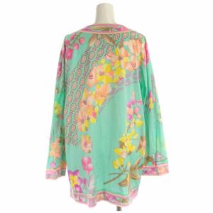 LEONARD FASHION ロングカーディガン コットン 花柄 長袖 42 L 緑 グリーン ピンク