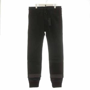 異素材切替 重ね着風 フェイクレイヤード 裾リブ ジーンズ デニム パンツ ボタンフライ 33 L 黒 ブラック TYPE-2625