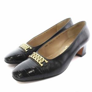 パンプス ガンチーニ ヒール クロコ 型押し レザー 切替 6 23.5cm 黒 ブラック