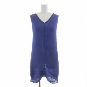 チュニック Vネック シワ加工 シアー プルオーバー ノースリーブ 青 ブルー