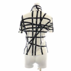 HERMES Tシャツ カットソー 半袖 ハイネック 総柄 ロゴ プリント リボン柄 M 白 ホワイト 黒 ブラック