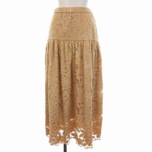 レースギャザースカート フレア ロング フラワー 刺繍 36 S ベージュ