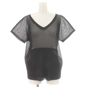 イッセイミヤケ カットソー メッシュ プリーツ Vネック 半袖 3 L 黒 ブラック