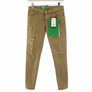 タグ付き デニムパンツ ジーンズ ダメージ加工 スリム 34 XXS 茶 ブラウン