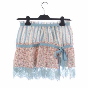 ティアードスカート ミニ 花柄 総柄 リボン レース 36 S アイボリー ブルー 青