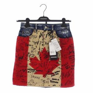 メープルリーフ デニムスカート タイト ミニ ロゴ ダメージ加工 カットオフ ボタンフライ 40 L 赤 レッド ベージュ