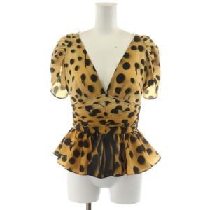 Deep V Blouse カットソー 半袖 水玉模様 フリル 36 S ベージュ 黒 ブラック