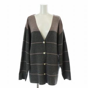 SPORTS スポーツ ニットカーディガン 長袖 ボーダー柄 Vネック ロゴ刺繍 L グレー ピンク