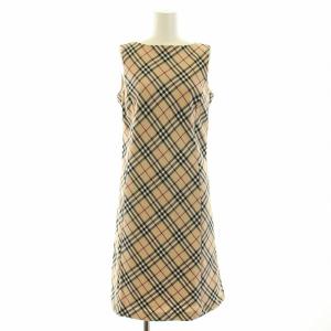 タイトワンピース ミモレ ロング ノースリーブ ノバチェック ウール 38 M ベージュ